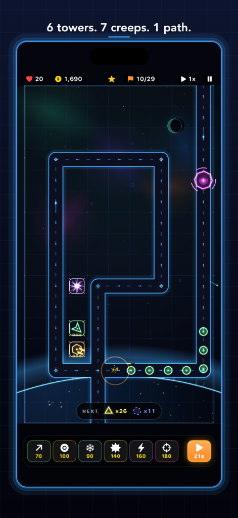 Minimalist tower defense grid with 6 towers and 7 creeps